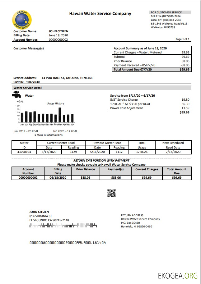 USA Hawaii Water Service Company utility bill template in Word and PDF (.doc and .pdf) format